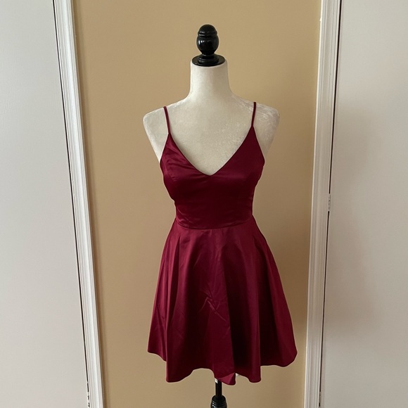 B DARLIN Satin Fit & Flare Dress in Wine - Picture 6 of 8